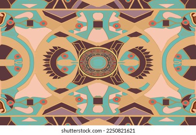 Egyptian fabric pattern vintage pastel colors. Abstract indigenous line art for ancient Egypt. Egyptian textile vector illustration old antique vintage retro style. Design for clothing, backdrop, etc.