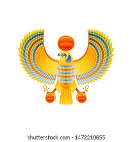 Egyptian falcon. Horus & Ra god symbol. Falcon bird character with golden wing from ancient Egypt art. Cartoon 3d realistic statue icon. Old style vector illustration isolated on white background.