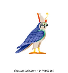 Egyptian falcon Horus & Ra god symbol. Falcon bird character in pharaoh crown wing from ancient Egypt art. Cartoon 3d realistic statue icon. Old style vector illustration isolated on white background.