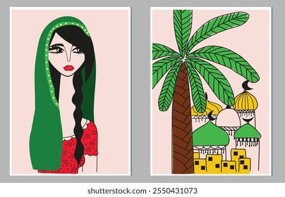 Egyptian farmer woman , Egyptian house, creative freehand composition in contemporary abstract style with colorful geometric elements. Tempura design for print, canvas, poster