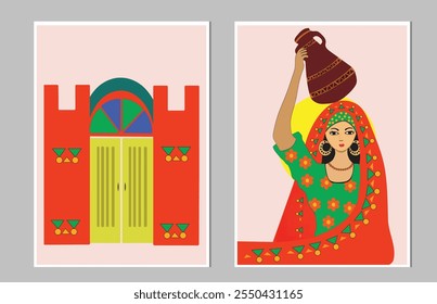 Egyptian farmer woman , Egyptian house, creative freehand composition in contemporary abstract style with colorful geometric elements. Tempura design for print, canvas, poster
