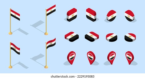 Bandera egipcia (República Árabe de Egipto). Icono de conjunto de indicadores isométricos 3D. Vector editable para banner, afiche, presentación, infografía, sitio web, aplicaciones, mapas y otros usos.