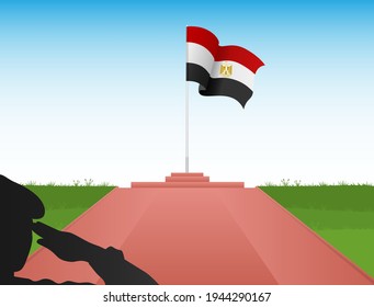 The Egyptian flag flies at the top of the pole in the image of a soldier saluting the flag