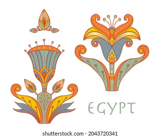 Egyptian floral colorful design element set isolated on white. Lotus flower, vector sign,  symbol, logo illustration. Spirituality, occultism, chemistry, flower tattoo.