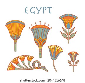 Egyptian floral colorful design element set isolated on white. Lotus flower, vector sign,  symbol, logo illustration. Spirituality, occultism, chemistry, flower tattoo.