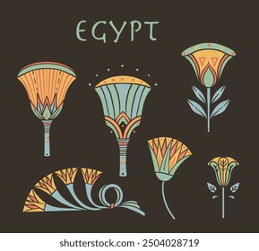 Egyptian floral colorful design element set isolated on white. Lotus flower, vector sign, symbol, logo illustration. Spirituality, flower tattoo.