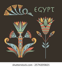 Egyptian floral colorful design element set isolated on white. Lotus flower, vector sign, symbol, logo illustration. Spirituality, flower tattoo.