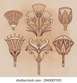 Egyptian floral design element set over beige grunge background. Lotus flower, vector sign,  symbol, logo illustration. Spirituality, occultism, chemistry, flower tattoo.