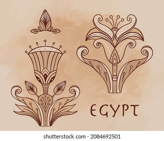 Egyptian floral design element set over beige grunge background. Lotus flower, vector sign,  symbol, logo illustration. Spirituality, occultism, chemistry, flower tattoo.