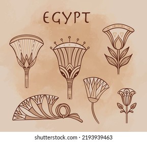 Egyptian floral design element set over beige grunge background. Lotus flower, vector sign,  symbol, logo illustration. Spirituality, occultism, chemistry, flower tattoo.