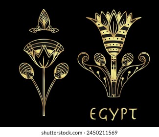 Egyptian floral design element set in gold isolated on white. Art deco style. Lotus flower, vector sign, symbol, logo illustration. Spirituality, occultism, chemistry.