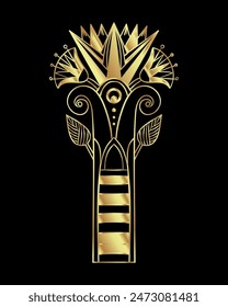 Egyptian floral design element set in gold isolated on white. Art deco style. Lotus flower, vector sign, symbol, logo illustration. Spirituality, occultism