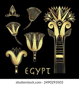 Egyptian floral design element set in gold isolated on white. Art deco style. Lotus flower, vector sign, symbol, logo illustration. Spirituality, occultism, chemistry.