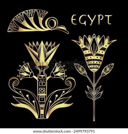 Egyptian floral design element set in gold isolated on white. Art deco style. Lotus flower, vector sign, symbol, logo illustration. Spirituality, occultism, chemistry.