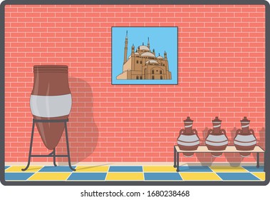 Egyptian folklore scene: water pottery containers from the Egyptian heritage made of clay ; jar , pot , portrait of a mosque