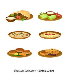 Egyptian Food and Dishes with Dolma and Falafel with Kofta Vector Set