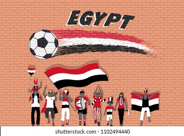 Egyptian football fans cheering with Egypt flag colors in front of soccer ball graffiti. All the objects are in different layers and the text types do not need any font. 