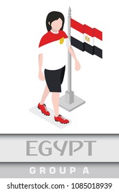 Egyptian football player with national flag for international  Moscow 2018 world championship tournament. Group A (Isometric)