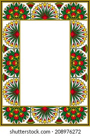 Egyptian frame with papyrus, flowers and berries isolated on white.