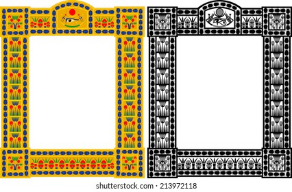 Egyptian frame with scarabs and papyrus in color and monochrome isolated on white.