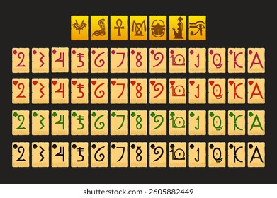 Egyptian Full deck of playing cards. Set with isolated cards for Poker or Solitaire game UI. Each card on a separate layer. Seven suits playing card