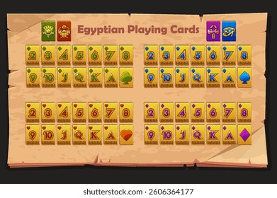 Egyptian Full deck of playing cards. Set with isolated golden cards for Poker or Solitaire game UI on paper or scroll background. Each card on a separate layer.