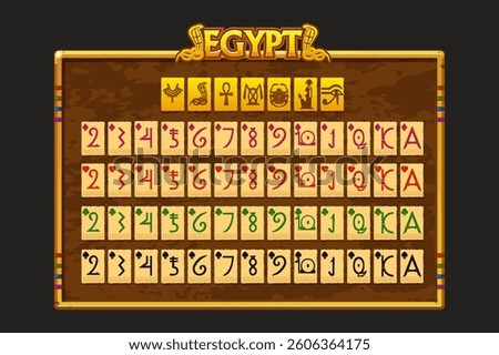 Egyptian Full deck of playing cards on Border in Egyptian themed. Background for game, slots, solitaire or game assets. Egyptian game frame. Each card on a separate layer.