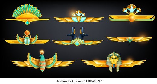 Borde ornamento de juego egipcio, juego de divisores de menú del tesoro de Egipto, juego de marcos de interfaz de usuario de oro vectorial. Colección de frontera egipcia. Signo Anubis de mitología, separador vintage de alas metálicas, elemento de decoración de vintage de GUI