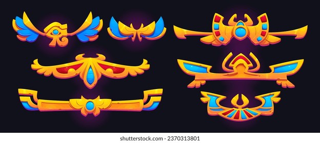 Egyptian game treasure design set isolated on black background. Vector cartoon illustration of golden ui borders decorated with scarab, eye signs, wings and gemstones, antique pharaoh tomb elements