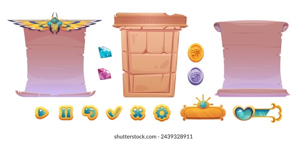 Egyptian game ui frame and button collection. Cartoon vector illustration set of ancient Egypt elements for gui design - part of stone wall and papyrus as text box, interface clicker and progress bar.