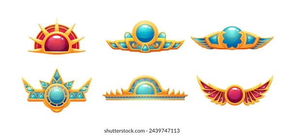 Egyptian game ui icon of border or divider. Cartoon vector illustration set of treasure ancient Egypt frame asset made of gold with red and turquoise gem stones. Pharaoh golden ornament and jewelry.