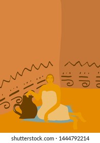 Egyptian girl with vase in ethnic nationally clothes in a cave with esoteric symbols
