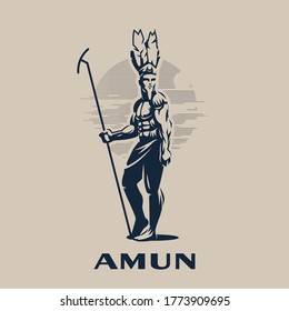 Egyptian god Amon. Egyptian man in a feather headdress and with a staff in his hand. Vector illustration