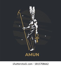 Egyptian god Amon. The man is holding a staff. On the head are ostrich feathers. Ankh. Vector illustration.