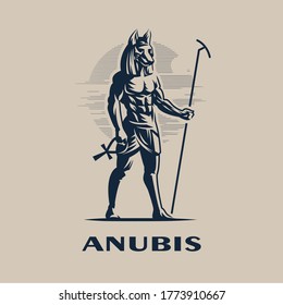 Egyptian god Anubis. A man with the head of a wolf or dog in a traditional Egyptian headdress and with a staff in one hand and an Egyptian ankh cross in the other hand. Vector illustration.