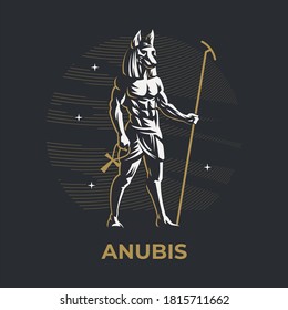 Egyptian god Anubis. A man with the head of a wolf, dog or jackal, holding a staff. Ankh. Vector illustration.