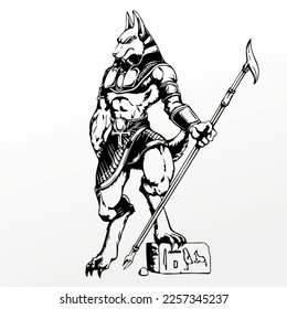 Egyptian god anubis in warrior style, black and white
