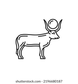 El dios egipcio Apis o Hapis aislado icono vector de contorno, símbolo de toro monocromo, hijo de Hathor, deidad primaria en el panteón del Antiguo Egipto