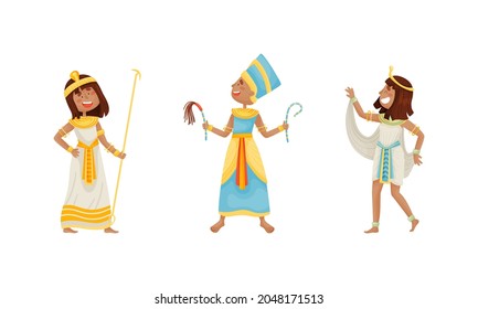 Egyptian God and Deities Wearing Antique Clothing and Holding Rod Vector Set