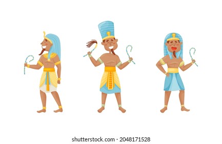 Egyptian God and Deities Wearing Antique Clothing and Holding Crook Vector Set