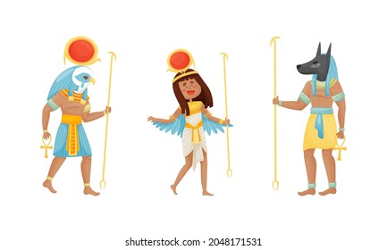 Egyptian God and Deities Wearing Antique Clothing and Holding Rod Vector Set