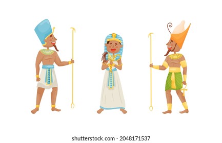 Egyptian God and Deities Wearing Antique Clothing and Holding Rod Vector Set