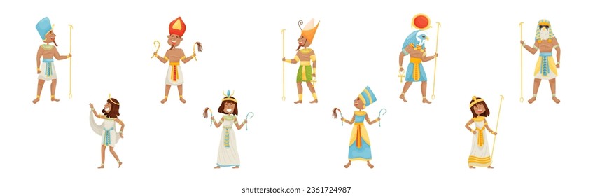 Egyptian God and Deities Wearing Antique Clothing and Holding Rod Vector Set