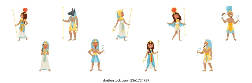 Egyptian God and Deities Wearing Antique Clothing and Holding Rod Vector Set