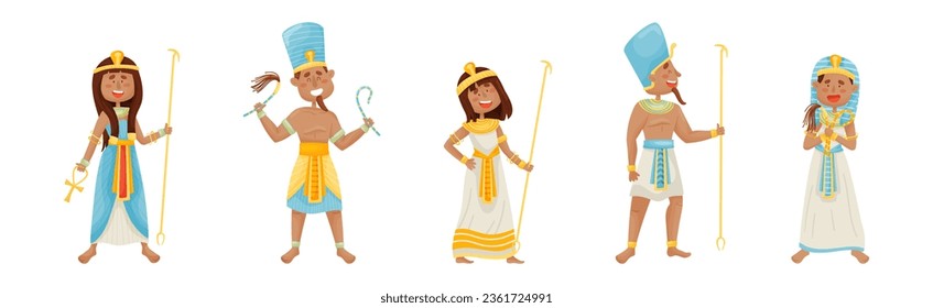 Egyptian God and Deities Wearing Antique Clothing and Holding Rod Vector Set