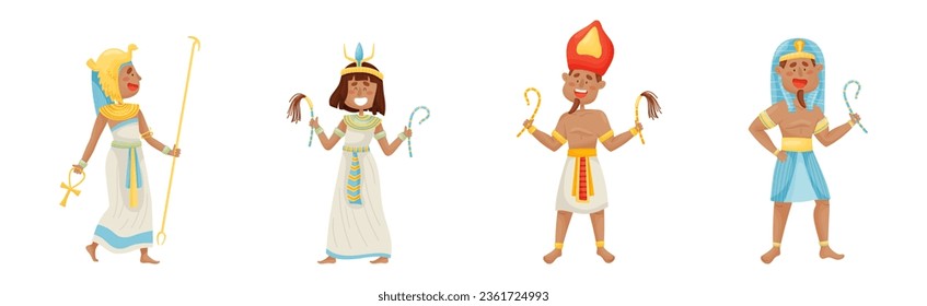 Egyptian God and Deities Wearing Antique Clothing and Holding Rod Vector Set