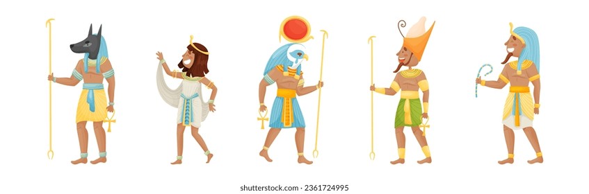 Egyptian God and Deities Wearing Antique Clothing and Holding Rod Vector Set