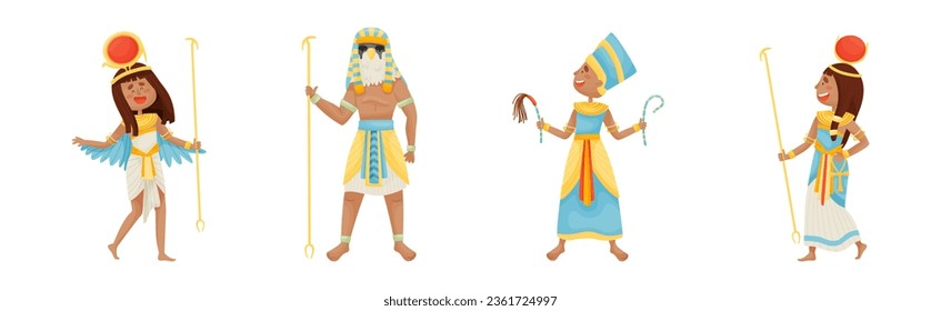 Egyptian God and Deities Wearing Antique Clothing and Holding Rod Vector Set