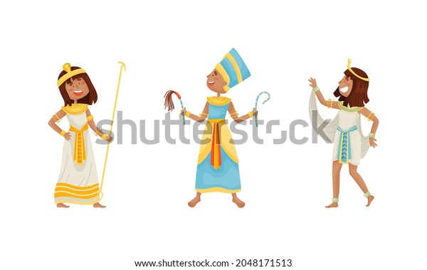 Egyptian God and Deities Wearing Antique Clothing and
Holding Rod Vector
Set