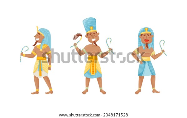 Egyptian God and Deities Wearing Antique Clothing and\
Holding Crook Vector\
Set
